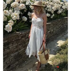 ZARA White Lace Embroidered Maxi Babydoll Dress Large Floral Fairy